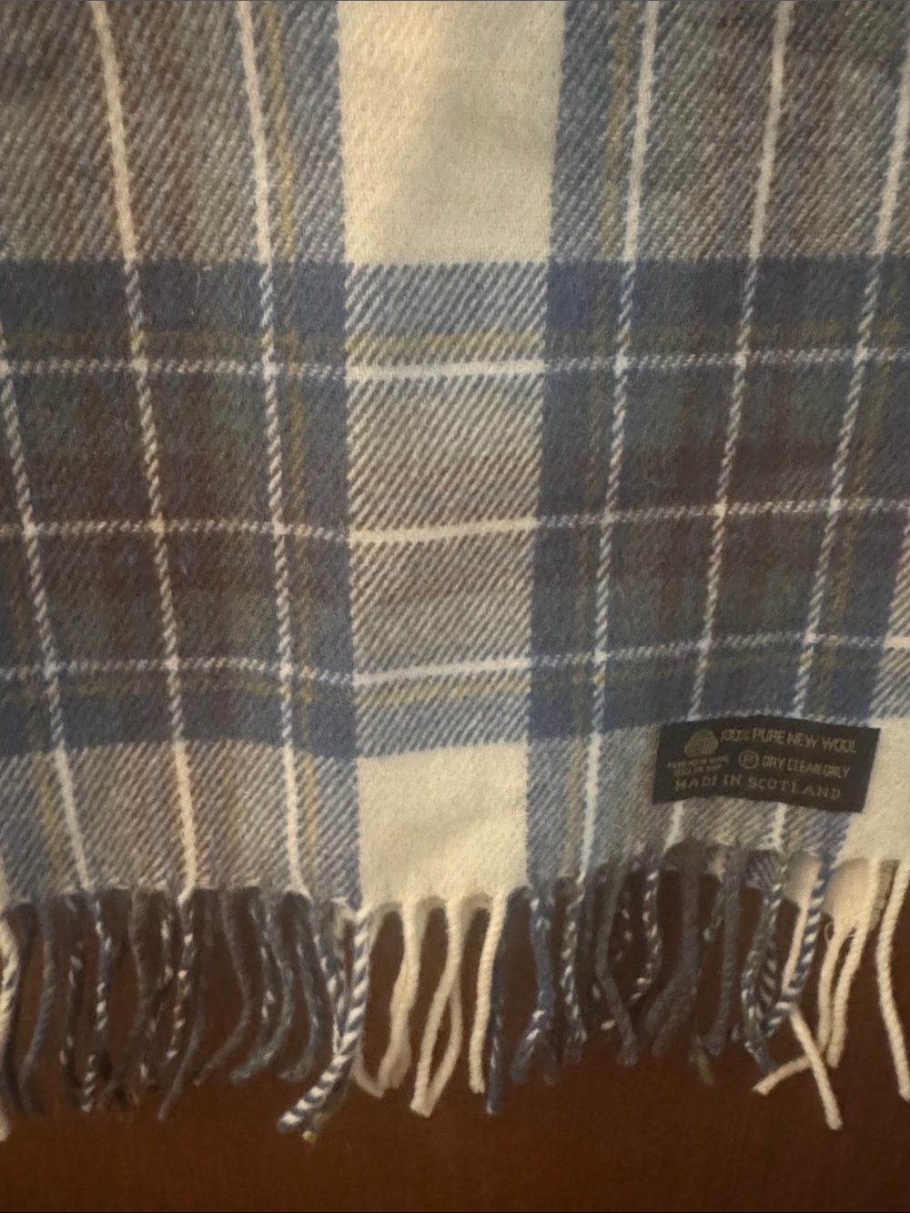 Blue and Cream Plaid Wool Wrap Scarf - Made in Scotland
